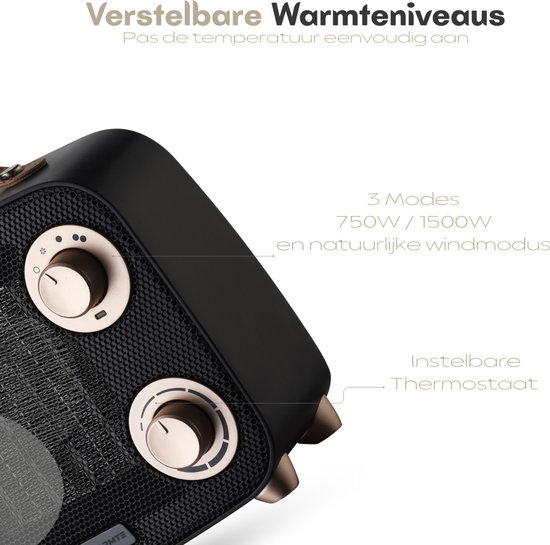 Zwarte keramische kachel met gouden draaiknoppen. Text toont 'Instelbare Warmteniveaus' en '3 Modes 750W/1500W en natuurlijke windmodus'.