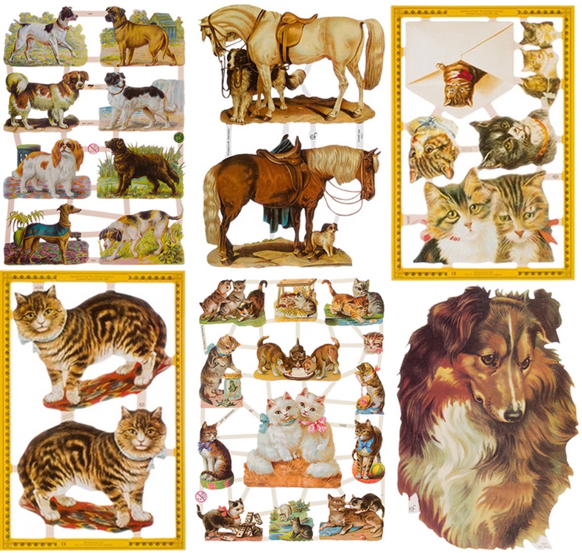 Poëzieplaatjes - 6 vellen - plaatjes - hobby - creatief - decoupage - knutselen - scrapboek - met HONDEN - PAARDEN - POEZEN