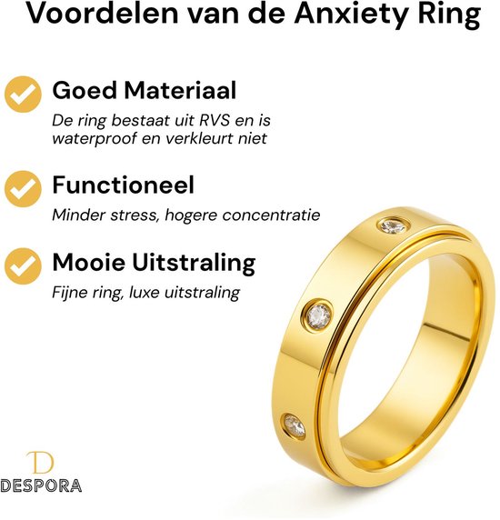 Gouden draaibare ring met vier zirkonia steentjes. Tekst in het Nederlands: "Voordelen van de Anxiety Ring".