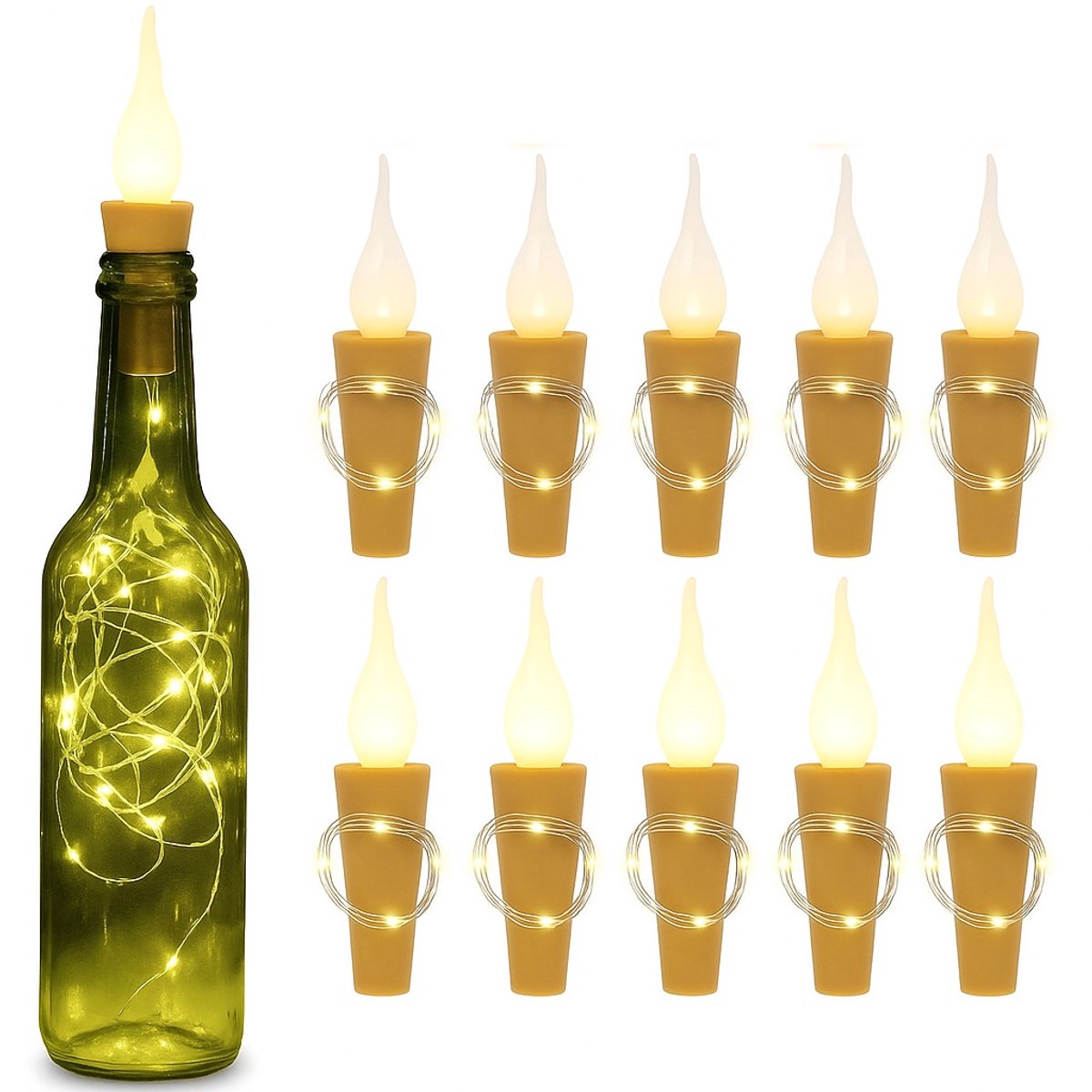 10x LED Kurk Flesverlichting Warm Wit – Inclusief Batterijen – Flessenlampjes met Flikkerende Vlam – Sfeervolle Decoratie & Feestverlichting