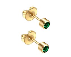 Oorknopjes goudkleurig - dames - goldplated - geboortesteen mei - smaragd groen - kristal - 4 mm - steriel verpakt