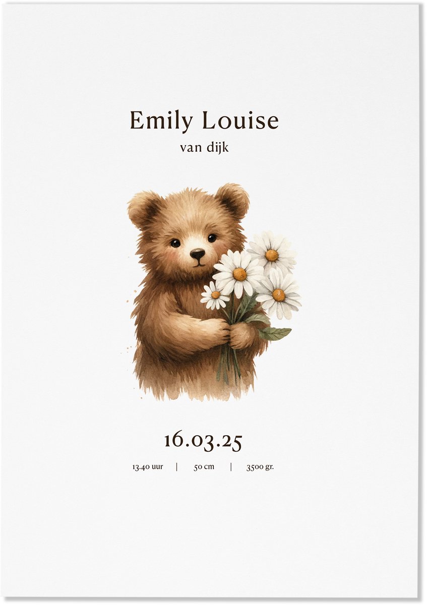 My Little Buddha - Kraamcadeau - Geboorteposter - Met teddybeer en madeliefjes