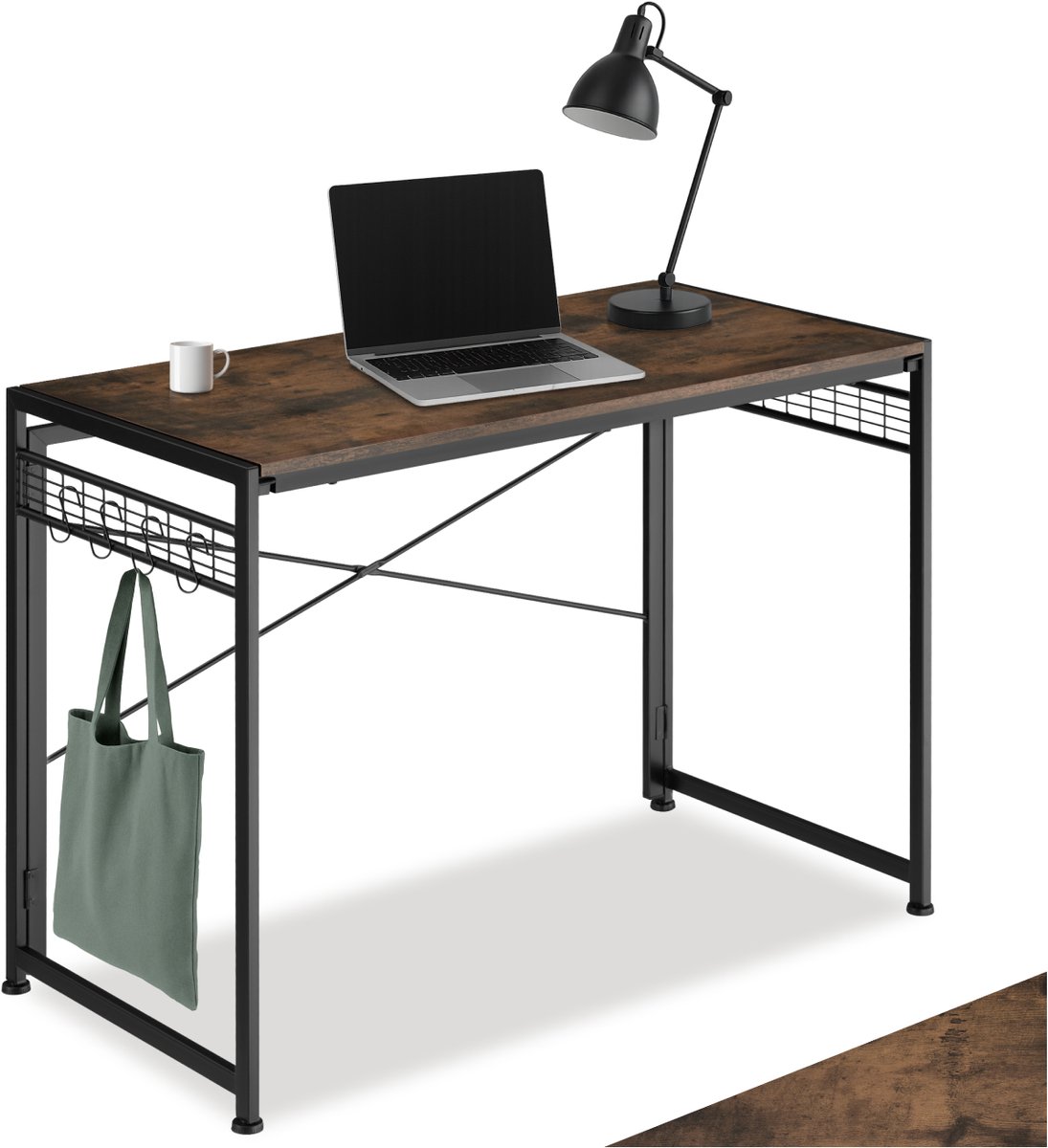 tectake Inklapbaar bureau - Computerbureau met rastervlakken en 8 haken - Kantoortafel met houten blad - Industrieel design - Zwart metalen frame - Afmeting (LxBxH) 102 x 51 x 77 cm - Donkerbruin