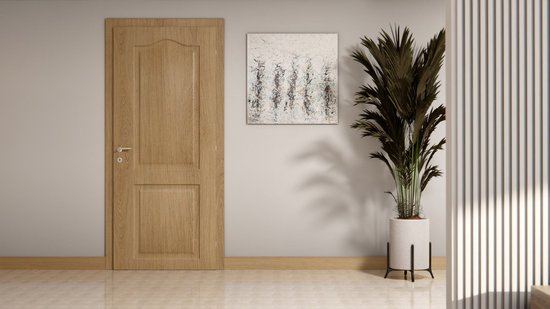 Une porte en bois à deux panneaux à côté d'un tableau et d'une plante en pot.