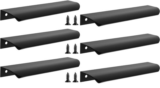 Six poignées d'armoire noires et cachées avec des vis sur fond blanc.