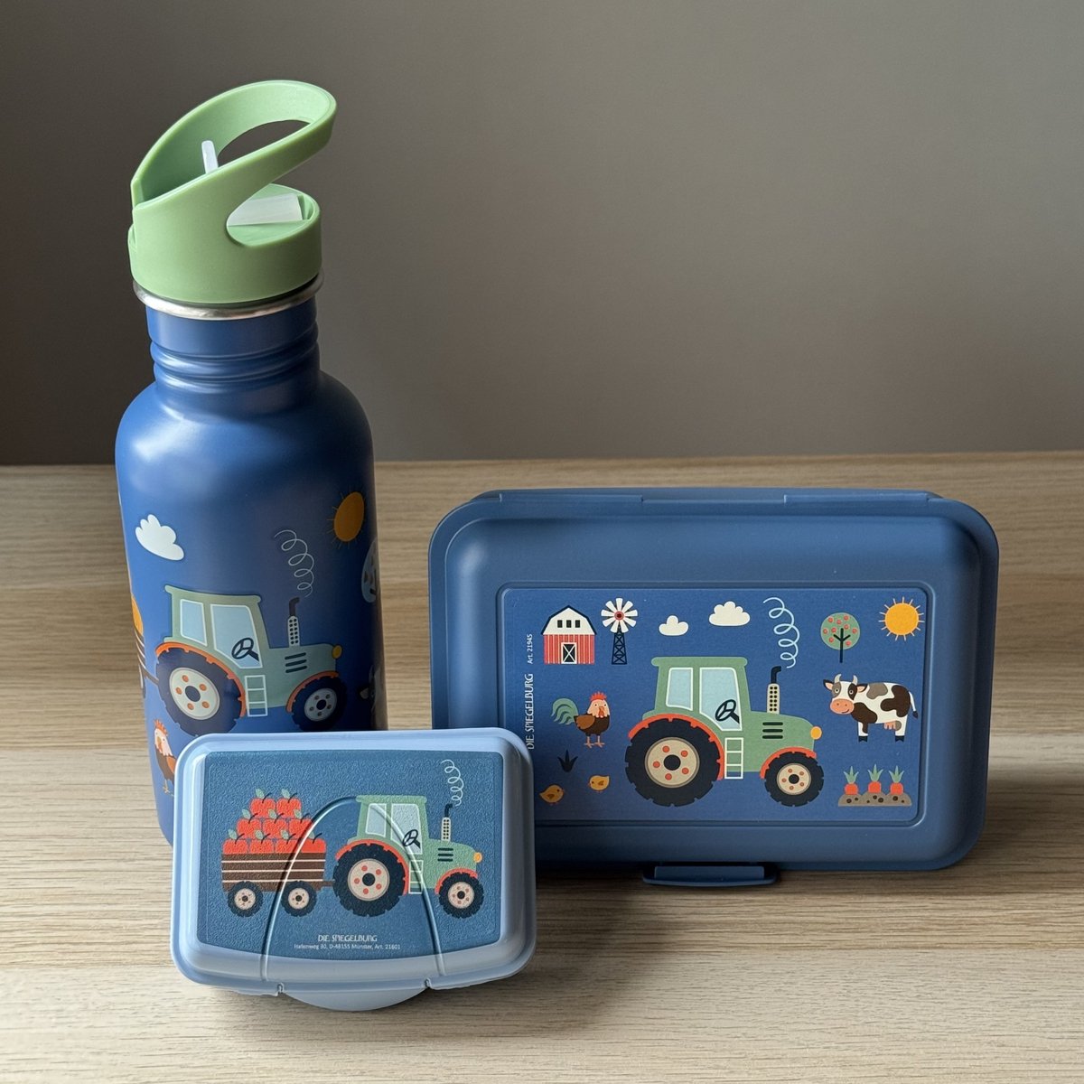 Tractor Boerderij lunchboxje met grote RVS drinkfles / drinkbeker en snackboxje - Die spiegelburg