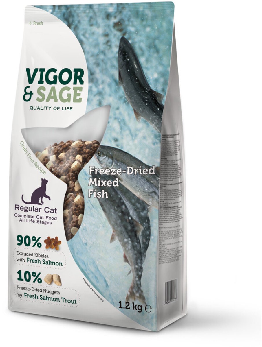 Vigor & Sage Kattenvoer Droog Adult Freeze-Dried Mixed Fish - 1,2 kg