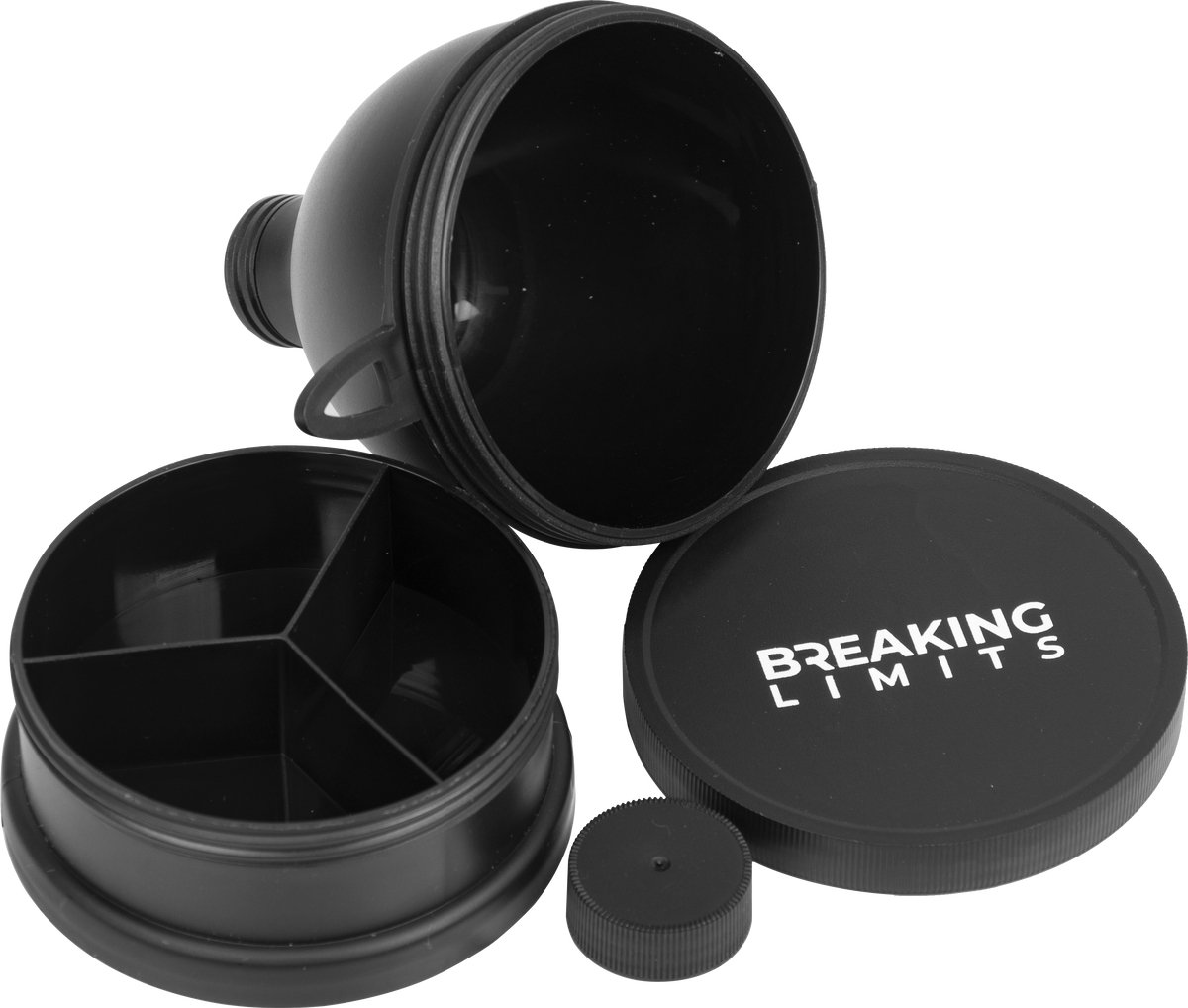 Breaking Limits Protein Powder Fill Funnel – Trechter met Supplementen Vakjes – Shakebeker Accessoire – Zwart
