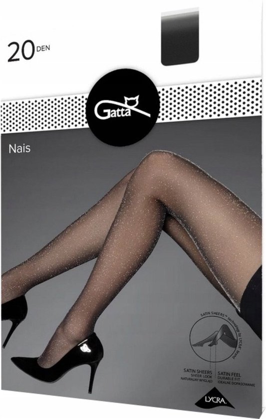 Verpakking van Gatta Nais 20 DEN panty's in het zwart, met glitter.