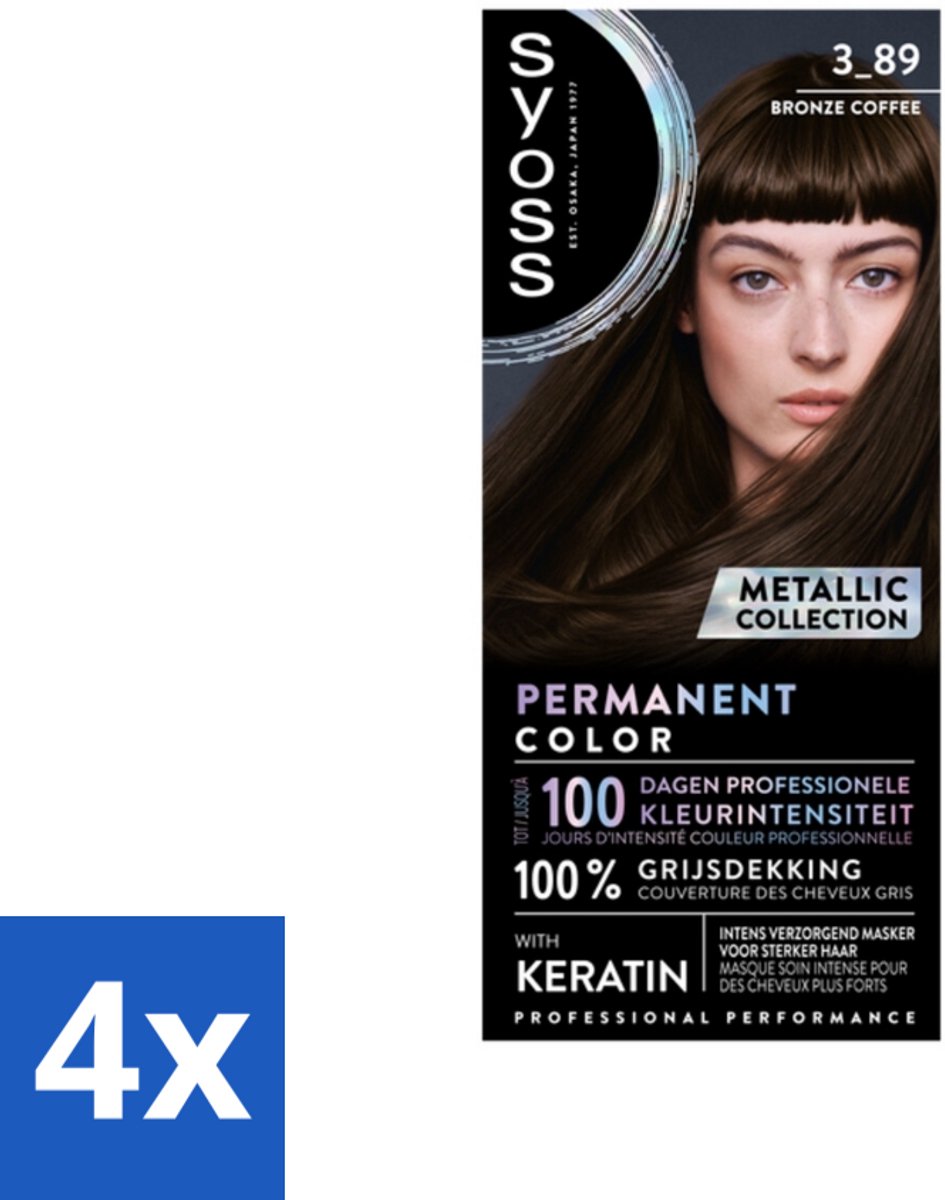 4 x SYOSS - Coloration 3-89 Bronze Coffee - Haarverf - Grijsdekking - Vermindert Haarbreuk - Permanente Haarkleuring - Haarkleur - Grijsdekking - Keratine - Haarkleur 3-89