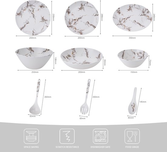 Serviesset 34-delig - bordenset voor 6 Personen - Melamine - Lichtgewicht, Breukvast en Vaatwasserbestendig - Voor Camping , Picknick en Thuis - Royal Swiss® — afbeelding 3