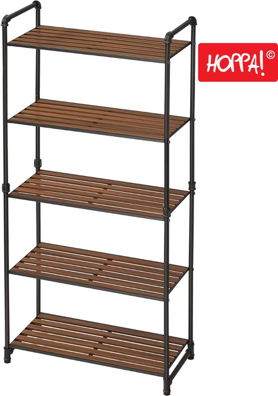 Hoppa! Magazijnstelling - Opbergrek, stellingkast, werkplaatskast, 63.8x30x129.5 (BxDxH), belastbaar tot 875 kg (175 kg per plank), 5 verstelbare legplanken, metalen legplank, legplank zonder bouten, zwaar rek, kelderrek voor zwaar gebruik - Zwart