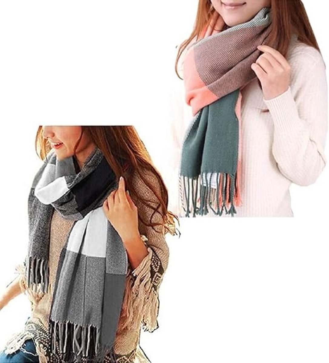 Dames geruit oversized kasjmier sjaal lange zachte wraps dames geruit oversized sjaal lange sjaal voor herfst en winter , 2 pakketten (roze groen + zwart)