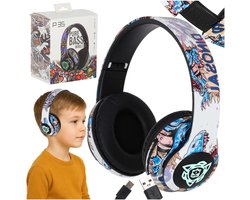 MOZY® - Draadloze Koptelefoon - Wit Graffiti - Bluetooth - tot 10 Meter - Bedieningspaneel - Bellen - met Ingebouwde Microfoon - Hoofdtelefoon Kinderen - Verstelbaar