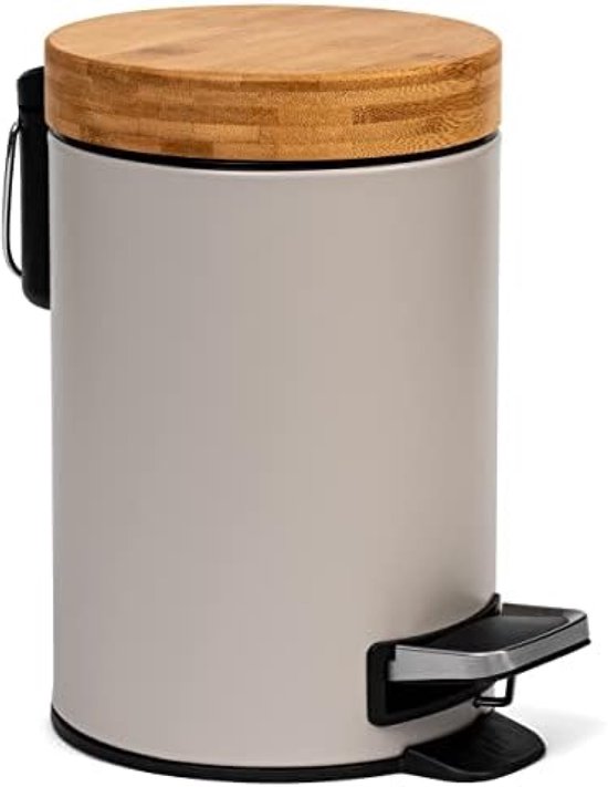 Poubelle de salle de bain PromoHome - 3L L - Design Bamboe avec couvercle à fermeture douce - Gris clair