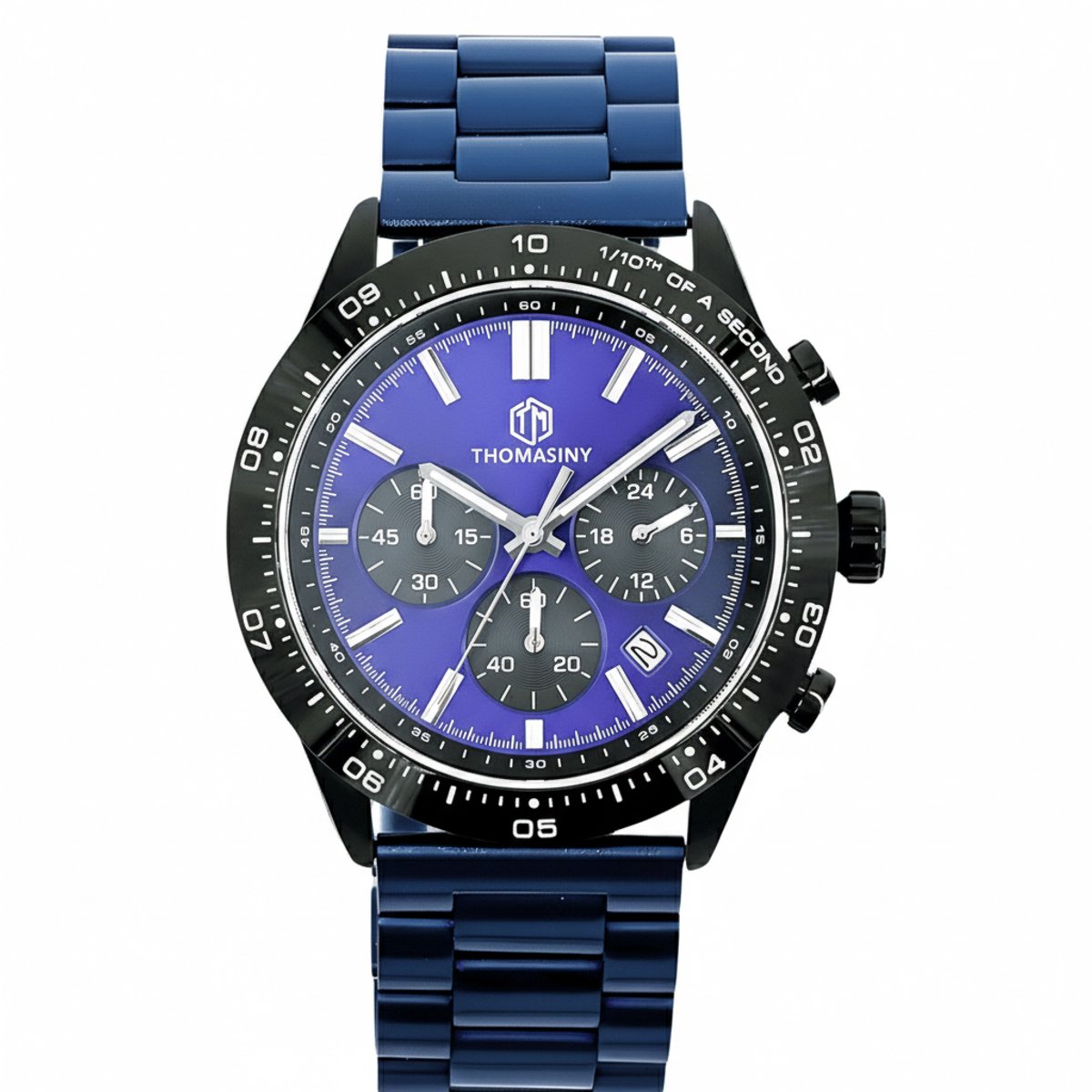 THOMASINY® CHRONOGRAAF Horloge - Heren Horloge - Horloges Voor Mannen - Chronograaf Uurwerk - Polshorloge - Blauw Met Zilveren Accenten - Blauwe stalen Band
