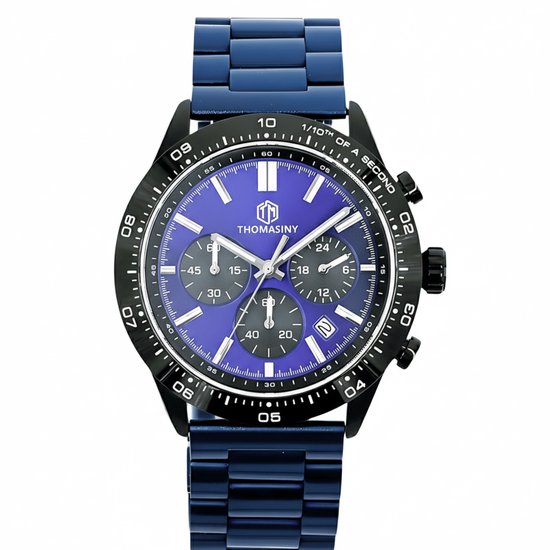 THOMASINY® CHRONOGRAAF Horloge - Heren Horloge - Horloges Voor Mannen - Chronograaf Uurwerk - Polshorloge - Blauw Met Zilveren Accenten - Blauwe stalen Band
