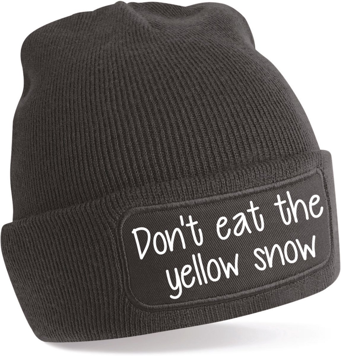 Beanie-don't eat the yellow snow-kado-wintermuts-grappig-zwart-wit-skimuts