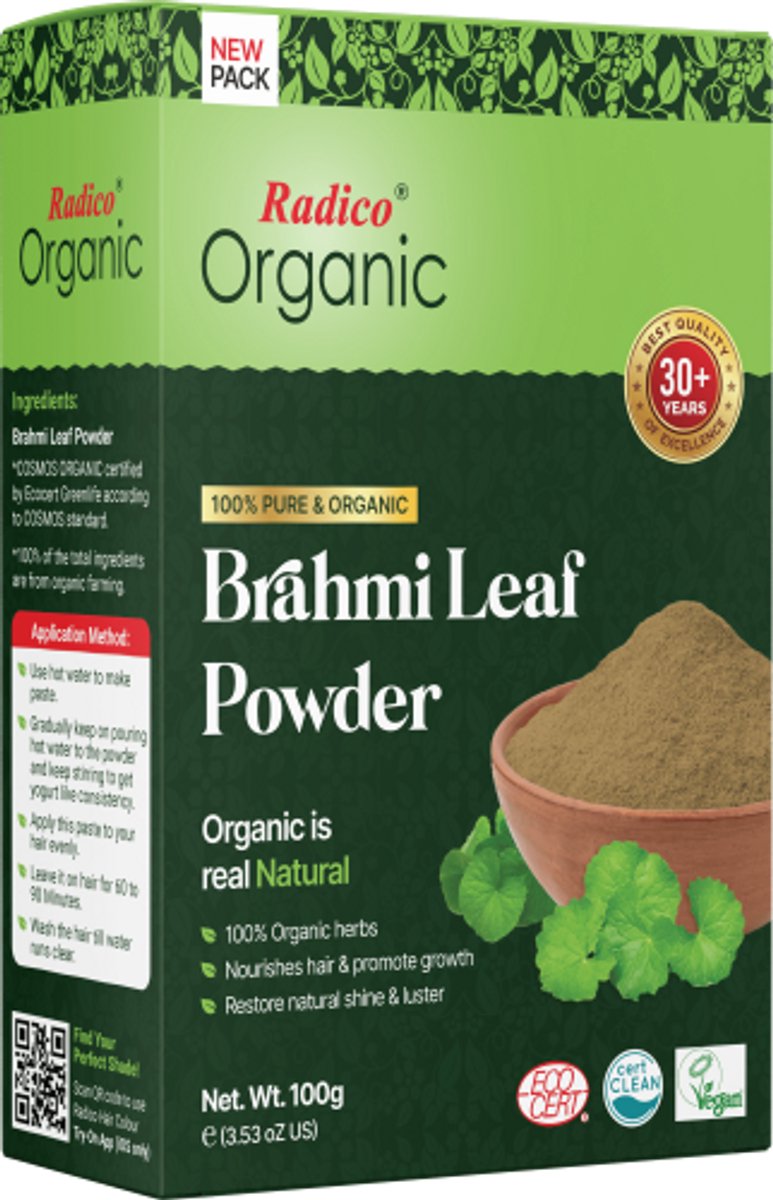 Radico ORGANIC BRAHMI 100% Natuurlijke BIO Organic Vegan Haargroei, Anti- Haaruitval, Anti- Roos, Care, Volume, Kalmerende, Voedende, VERSTERKENDE Poeder Haarmasker 2 in 1 met ECOCERT 100g