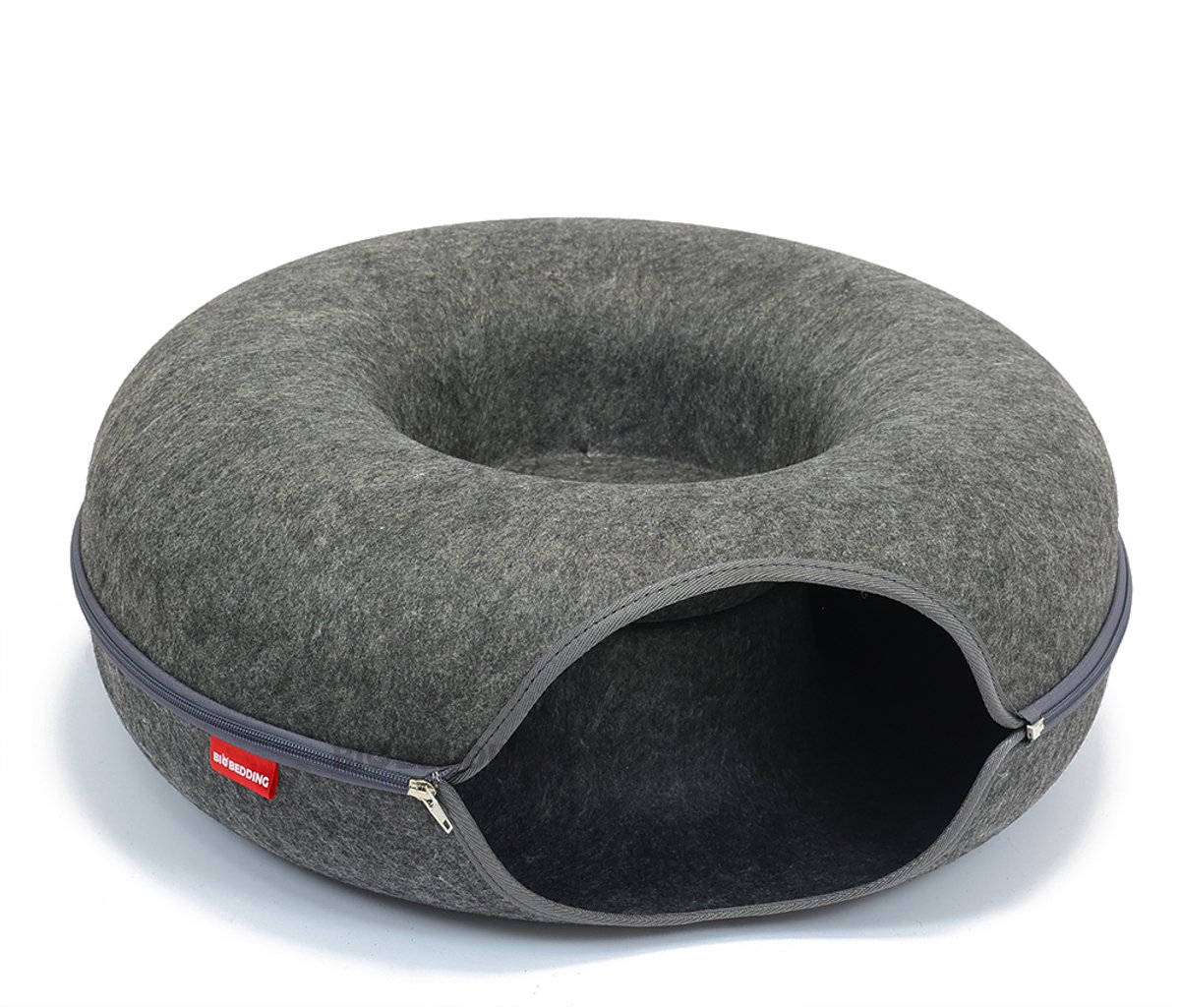 BioBedding - Luxe Kattenmand Cosy Donut – 2-in-1 Kattenhuis en Mand – Ø 50 cm – Grijs Vilt – Ritsbaar & Warm - 1 opening