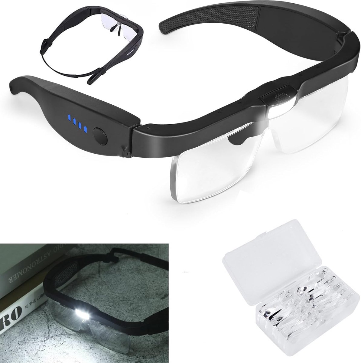 Vergrootglas met licht, USB-oplaadbaar, 4 x 3 x 2 x 1,25 x 0,75 x, led-vergrootglas voor brildragers met band, vergrootglas, handenvrij, leesloep voor senioren, groot vergrootglas