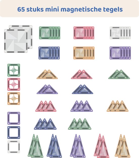 Overzicht van 65 gekleurde mini magneetstenen, waaronder vierkanten en driehoeken.