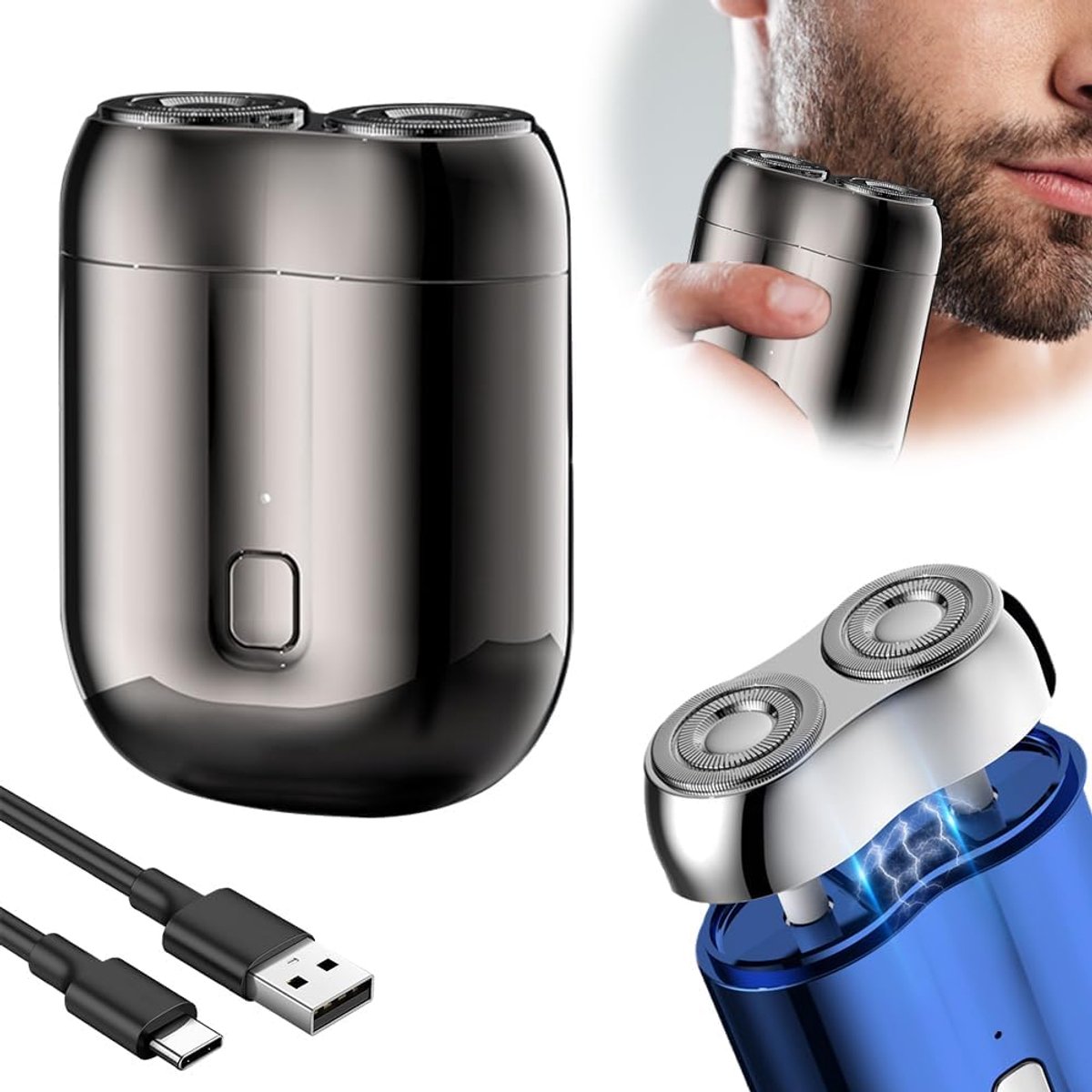 Baardtrimmer-baardtrimmer mannen-baard trimmer-Nieuw geüpgraded mini-scheerapparaat - USB-mini-scheerapparaat voor heren - Afwasbaar scheerapparaat met twee koppen - Oplaadbaar, waterdicht elektrisch scheerapparaat - grijs - 7 x 5,3 x 2,3 cm