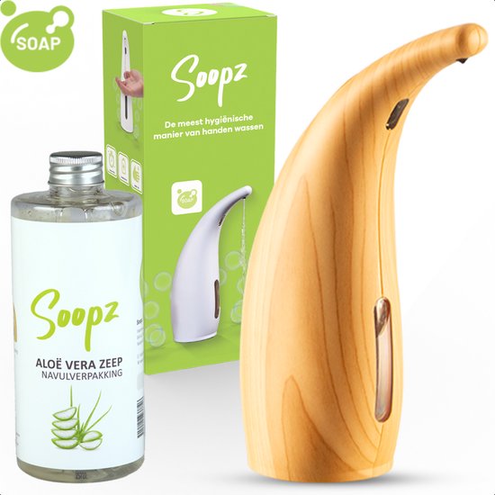 Witte doos met logo, navulzak Aloë Vera zeep en een houten automatische zeepdispenser.