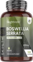 Bruine fles met groen en wit etiket, "WeightWorld BOSWELLIA SERRATA 85% Boswellia zuur" en "180 CAPSULES".