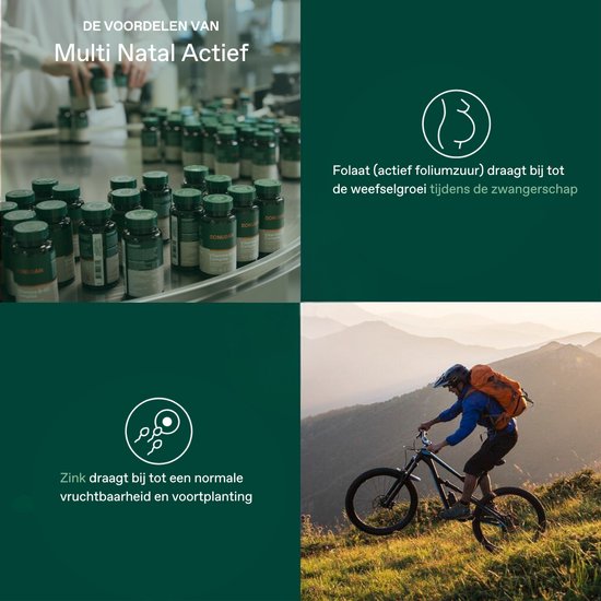 Flessen Bonusan Multi Natal Actief op een productielijn. Folaat bij weefselgroei, zink bij vruchtbaarheid.