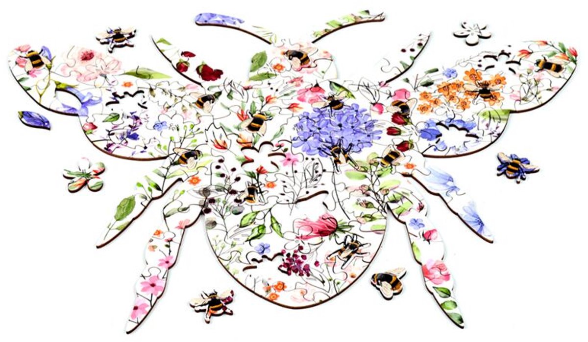 Nectar Meadows Bij – Houten Legpuzzel 130 Stukjes – Puzzel in Bij-Vorm – 31 x 41 cm – Natuur en Bloemen – Cadeau — cadeau in Spellen & Speelgoed - foto 3