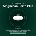 Ovale witte tablet, 25 mm lang en 11 mm breed. "Het gebruik van Magnesan Forte Plus".