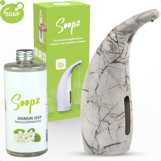 Soopz automatische zeepdispenser met grijs marmeren patroon, naast een fles jasmijn zeep.