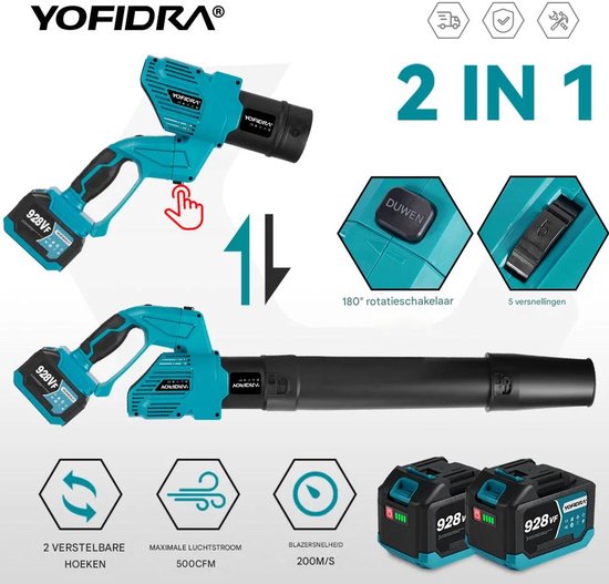 Offlice® Bladblazer - 2 accu's - Draagbaar en krachtig - 5 versnellingen