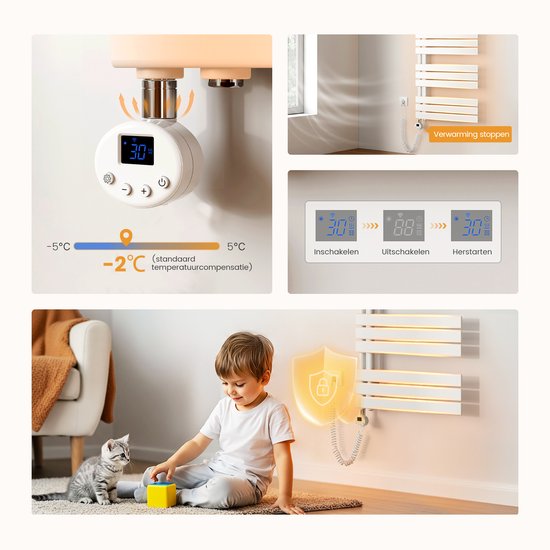 Digitale thermostaat met scherm waarop 30 graden wordt weergegeven. Kind en kat spelen op de vloer.
