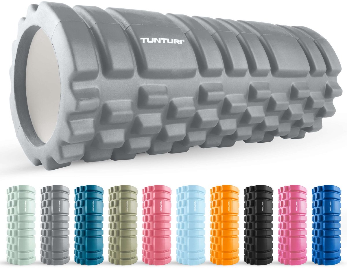 Tunturi Yoga Grid Foam Roller - Massage Roller - Foamroller - Fitness Roller - Grijs - 33cm - Incl. gratis fitness app