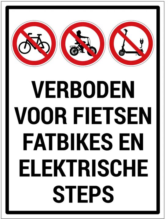 Verboden sticker fietsen fatbikes elektrische steps, zelfklevend, rechthoekig, weerbestendig, diverse maten, Orajet folie