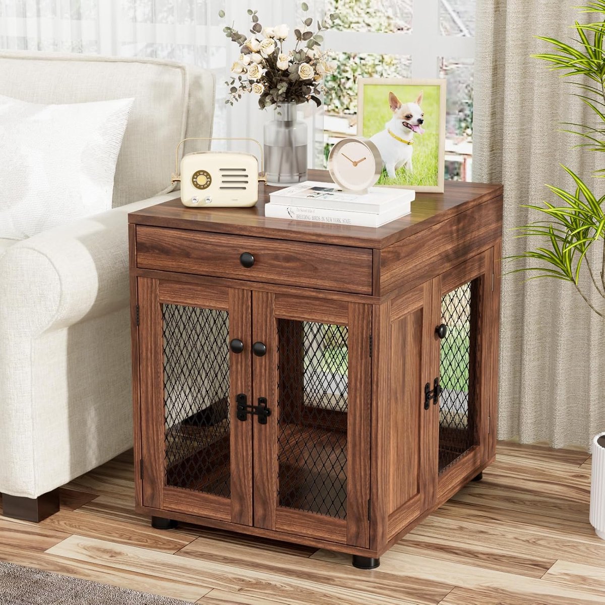 Houten hondenkooi voor binnen – Modern design met 3 deuren en lade, walnootbruin, 51×60×62 cm, voor kleine honden