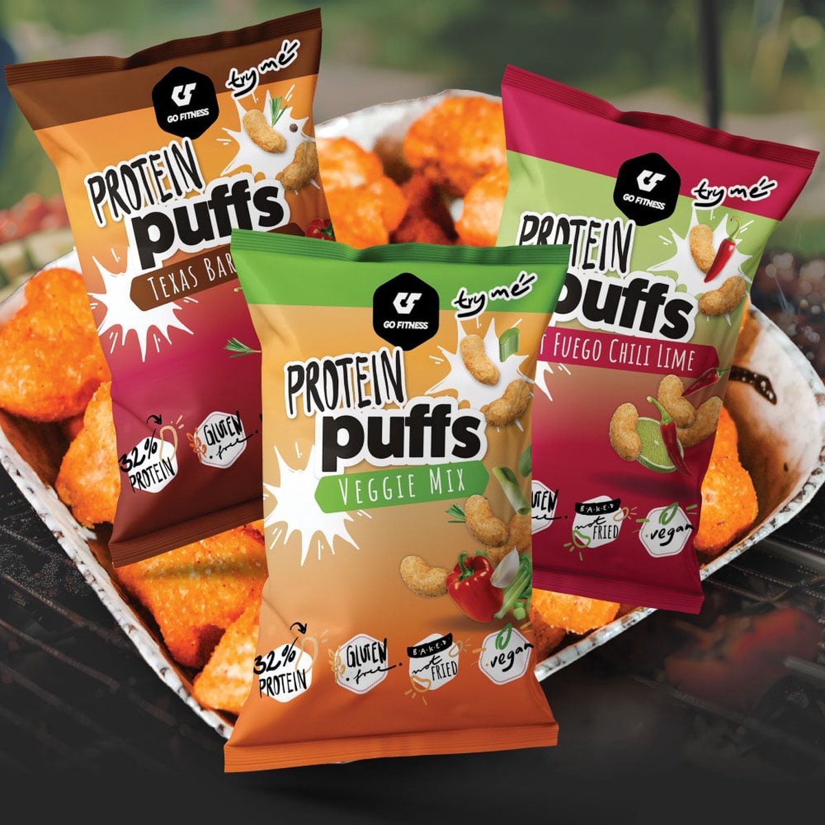 Protein Puffs - GO Fitness - eiwitrijke chips met smaak Veggie Mix (12x50g)