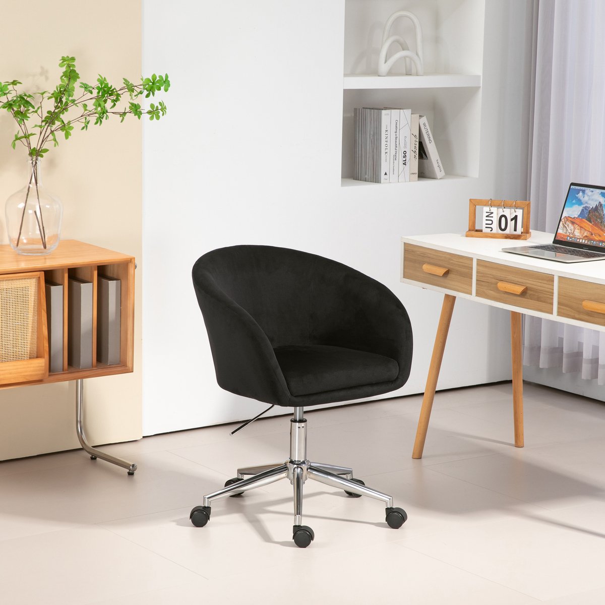 SVITA Jill Draaistoel, in hoogte verstelbaar, met armleuningen en wielen, fluwelen bekleding, beige