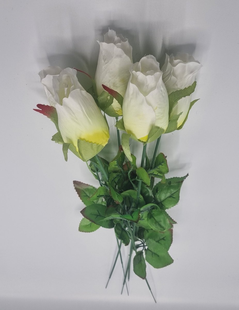 Roos, W116, 50 cm, Wit, 5 bloemen, Grafdecoratie, Zijdenbloemen, Kunstbloemen