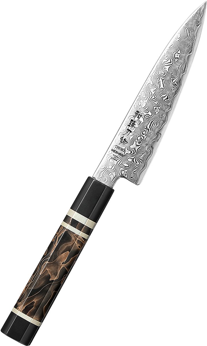Hezhen X09 Retro Series Groentemes – Mes met kern van Japans ZDP-189 Damascus staal (extreem hard: 65–67 HRC), zwart resin handvat met bronzen en koperen details