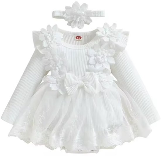 Luxe Baby Jurkje Maat: 68/74 Inclusief Haarband Kleur: Wit