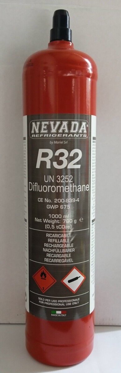 R32 gasvulling, nettogewicht 780 g, 1/2 mannelijke cilinderklep