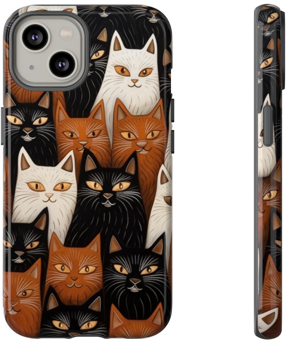 Zwart-Bruin-Wit Kattenpatroon – Glanzend Stevig Hoesje Geschikt voor iPhone 14