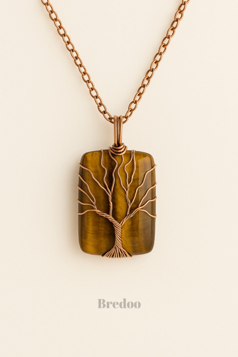 Tijgeroog ketting - Bredoo Edelsteen hanger - Bohemian stijl - Kristal gewrapt in koper - Spiritueel - Kristallen & mineralen