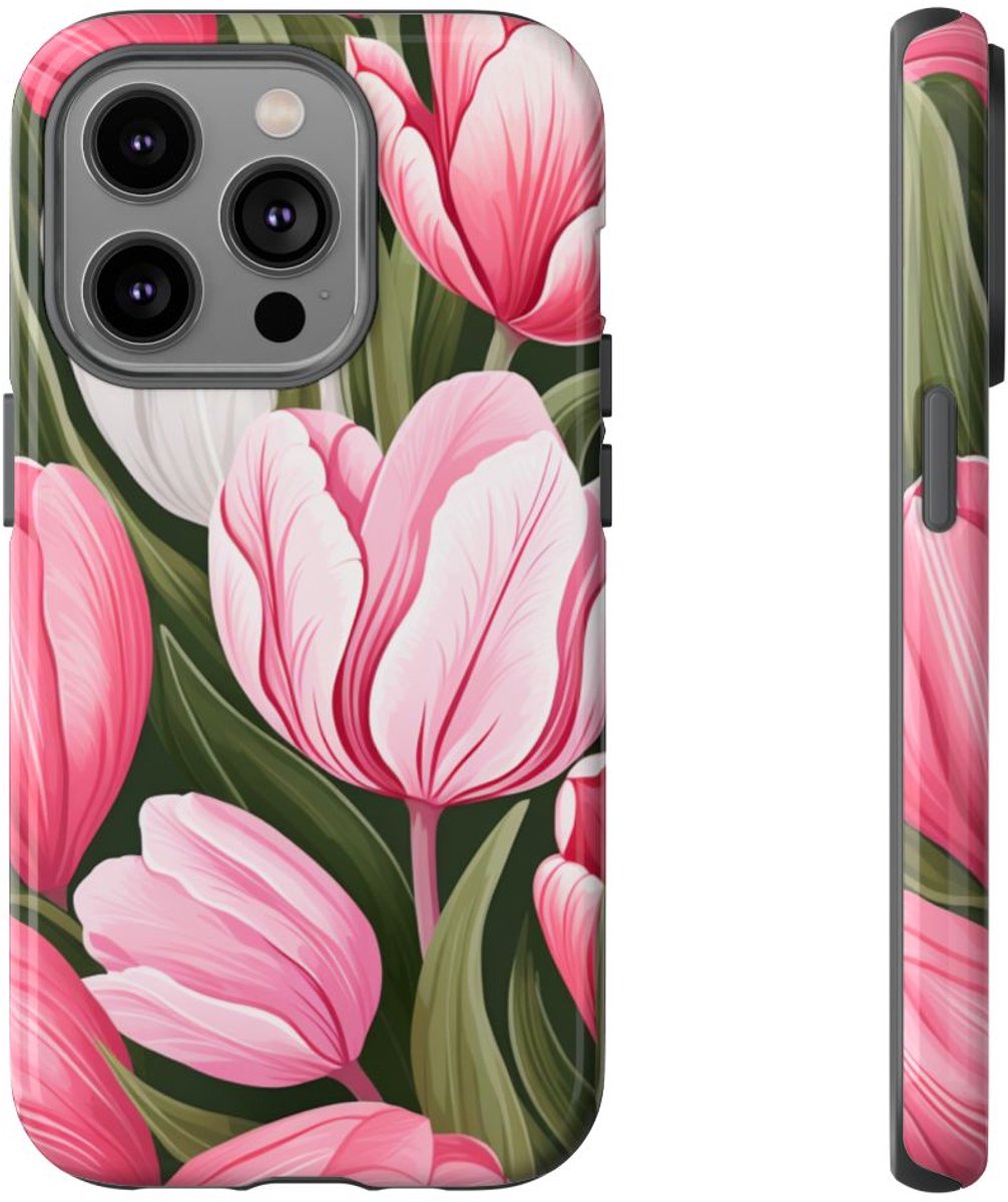 Roze en Witte Tulp Bloemenpatroon – Telefoonhoesje Geschikt voor iPhone 14 Pro