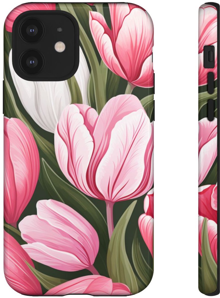 Roze en Witte Tulp Bloemenpatroon – Telefoonhoesje Geschikt voor iPhone 12