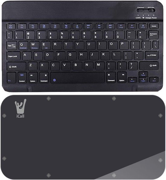 Zwart Bluetooth toetsenbord en magnetische achterkant met iCall logo.