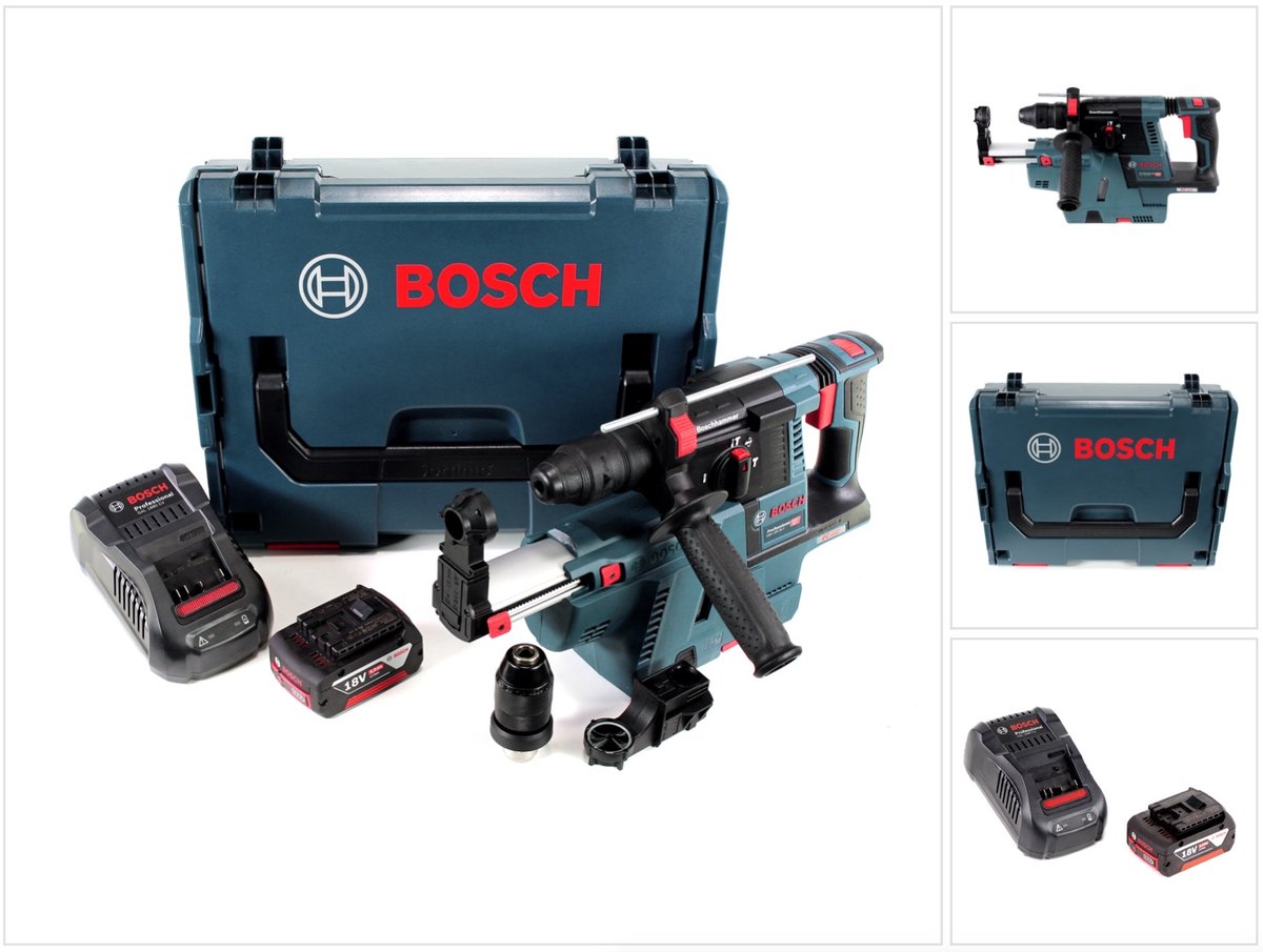Bosch GBH 18V-26 F accu-boorhamer 18V 2,6J SDS-Plus in L-Boxx met GDE 18V-16 stofafzuiging, 1x 5Ah accu en oplader